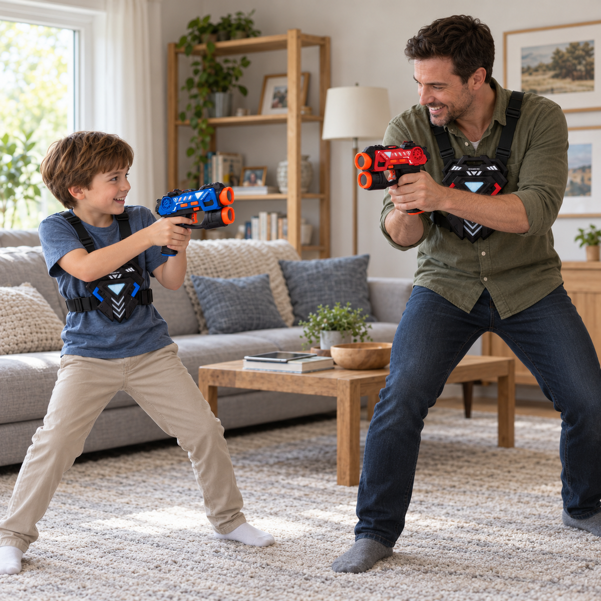 Father and child playing together with red and blue laser blasters