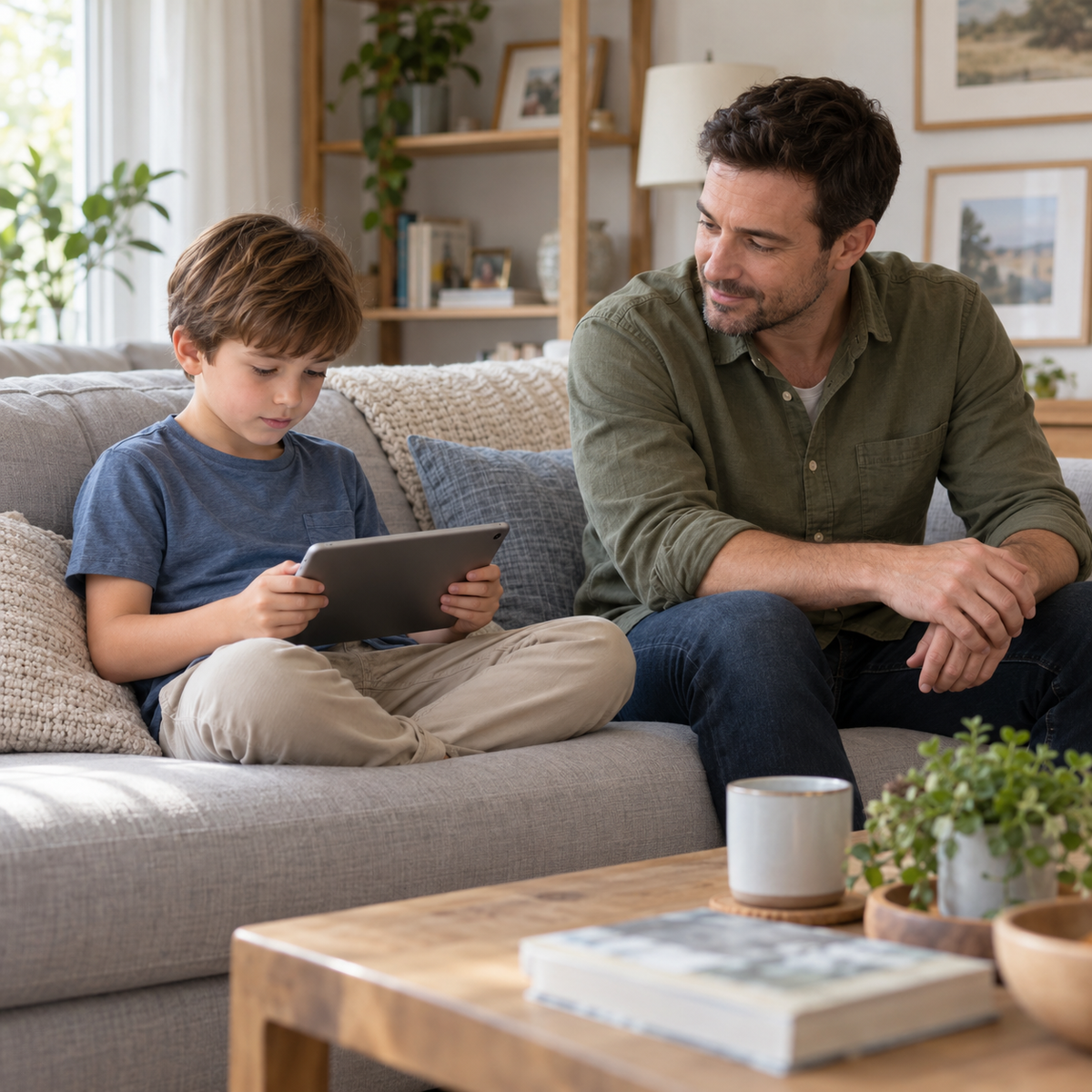 Child using a tablet while his father sits nearby